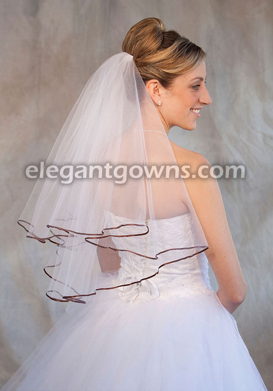 2 Tier Elbow Length Veil 1/8" Chocolate Ribbon Edge C7-252-1R-CH - Click Image to Close