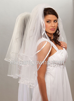 2 Tier Waist Length 3/8" Ribbon Edge Wedding Veil S1-302-3R-RS